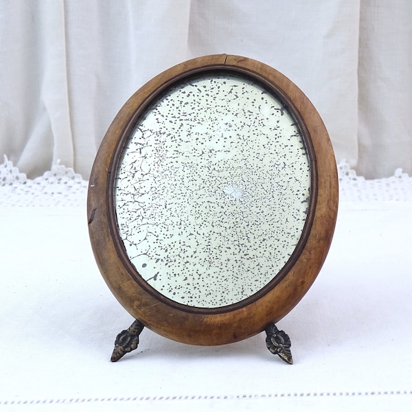 Petit miroir de vanité ovale en bois incrusté français antique ou mural, vintage Make Up Looking Glass, Cottagecore Decor