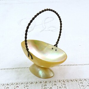 May include: A small, iridescent, mother-of-pearl basket with a twisted wire handle. The basket is oval shaped and has a small, round base.
