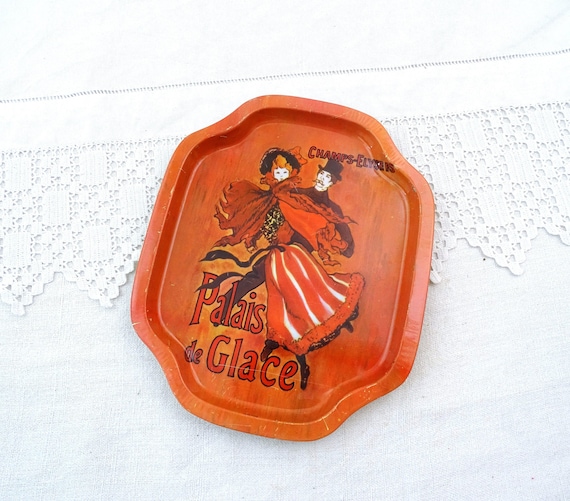 Small Vintage French Printed Metal Tray with Printed Picture by Toulouse Lautrec Palais des Glace Champs Elysees, Retro Parisian Home Decor