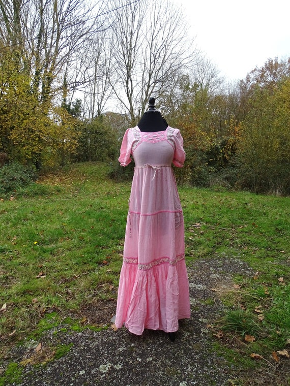 Vintage French Unused Handmade 1970s Long Pink Muslin Sun Prairie Dress, Retro 1960s Country Summer Dress France, Boho Folk Woman Fashion