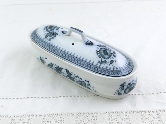 Antique French White China Toothbrush Holder with Blue Poppy Flower Pattern, Retro Razor Bathroom Pottery Box from France, Upcycled Pencil