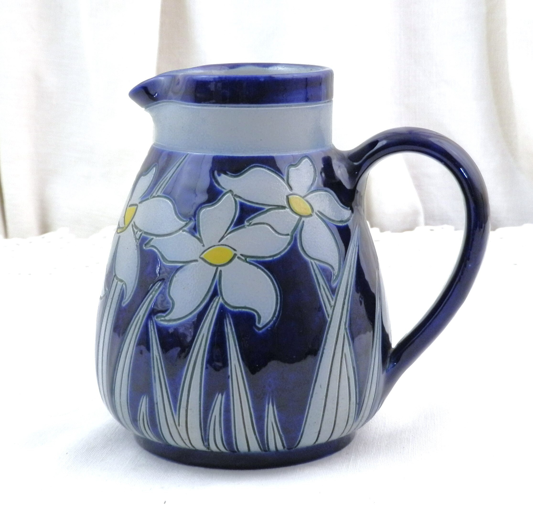 French Vintage Blue Ceramic Pitcher with Incised Decoration of Flowers