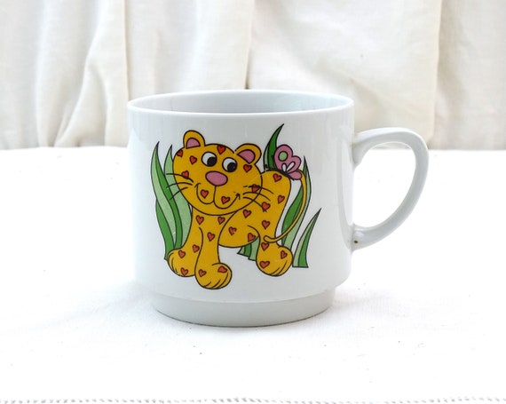 Vintage Wide China 1960 Monopoli Coffee Mug with Large Stylized Leopard with Hearts, Retro 60s Tea Cup Hippy Style Design Bright Bold Colors