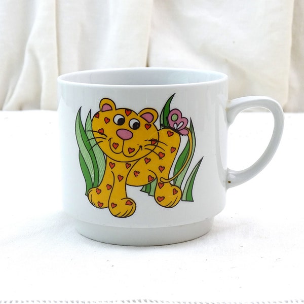 Vintage Wide China 1960 Monopoli Coffee Mug with Large Stylized Leopard with Hearts, Retro 60s Tea Cup Hippy Style Design Bright Bold Colors