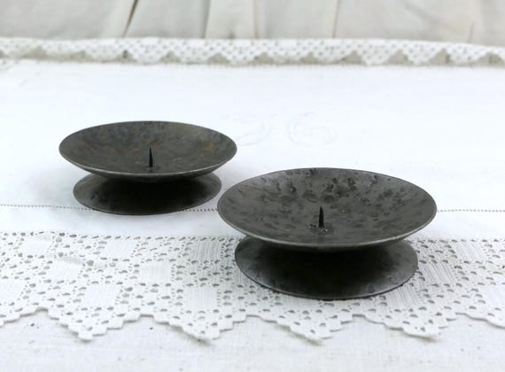 Vintage Pair Hand Forged Wrought Iron Pricket Candle Holders, Brutalist 60s Modernist Pillar Candlesticks, Rustic Hammered Blacksmith Decor