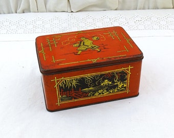 French Vintage Art Deco Red and Gold Metal Tin with Oriental Chinese Inspired Pattern, Retro 1930s Metal Box with Chinoiseries Design
