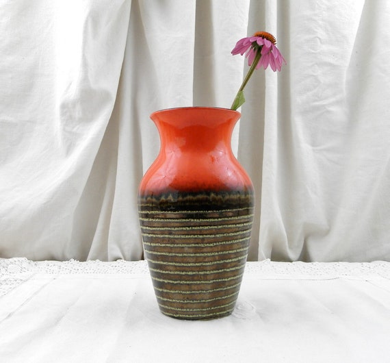 Large Vintage Mid Century West German Ceramic Vase with Red Glaze No 1408/25, Retro 1960s Pottery Vase from Germany, Berlin Home Decor