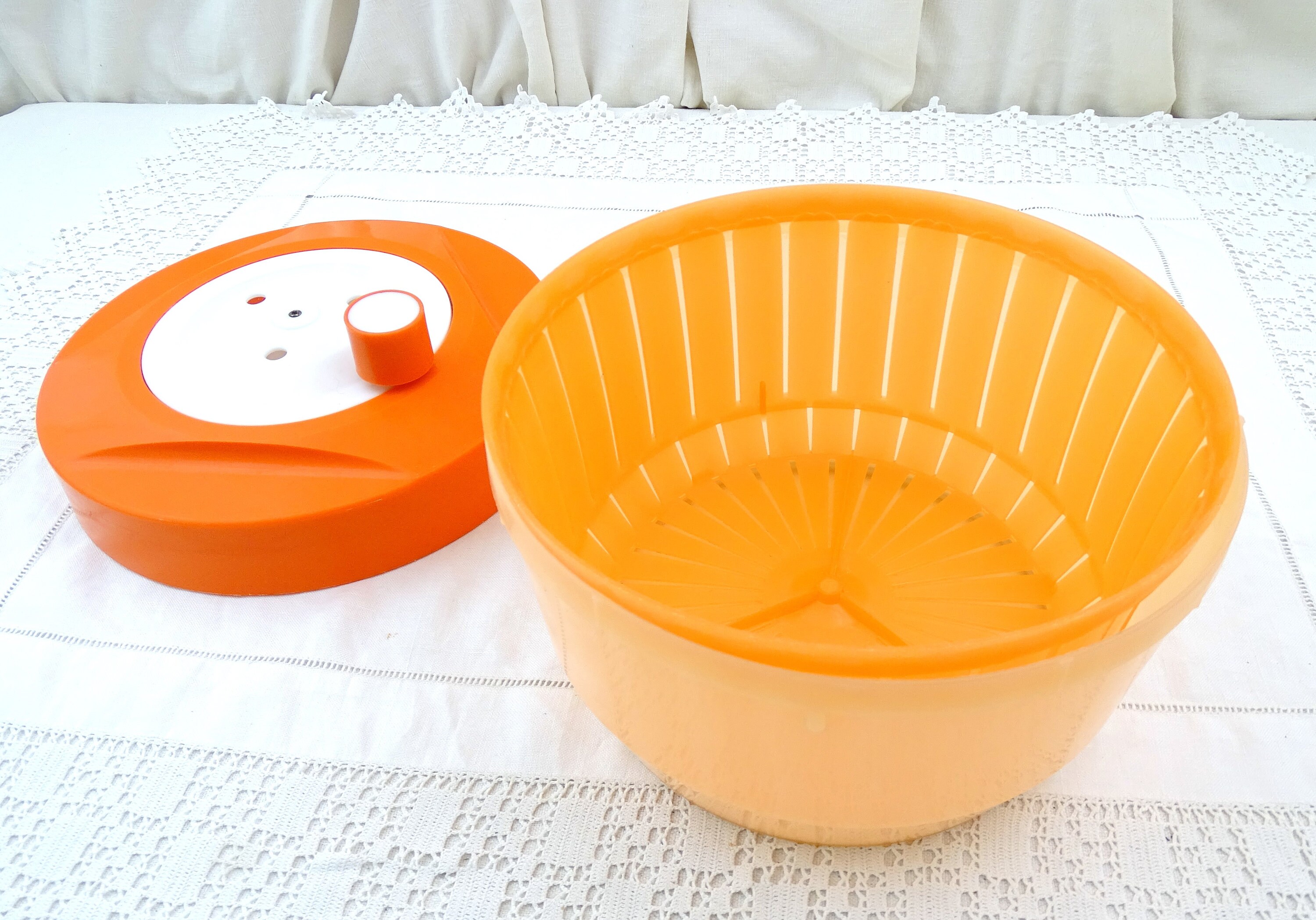 Rare Vintage 80s SEB Salad Spinner Heavy Orange Glass Made in France Luxury  Kitchen Tools 28.5' Round 