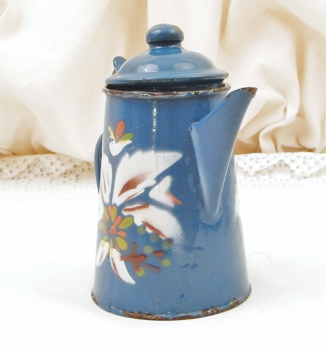 Vintage French Enamelware Coffee Pot - Blue and White – House of