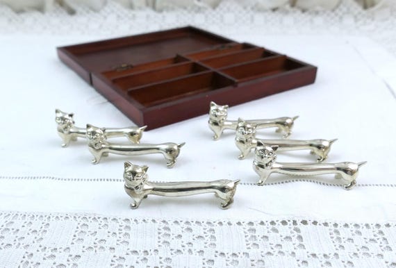 Vintage Set of 6 Silver Plated Kitten Knife Rests with Storage Box, Retro Metal Tableware, Retro Kitty Dinner Party Home Decor, Cat Decor