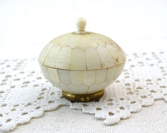 Small Vintage Indian Round Inlaid Bone Box with Wood, Little White Trinket Container, Retro Tiny Ring Box for Wedding or Engagement