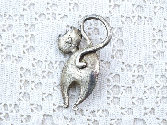 Vintage French Costume Jewelry Lili La Pie Silver Plated Cat Brooch, Retro Fun Feline Themed Jewelry from France, Pussy Kitty Cat Metal Pin