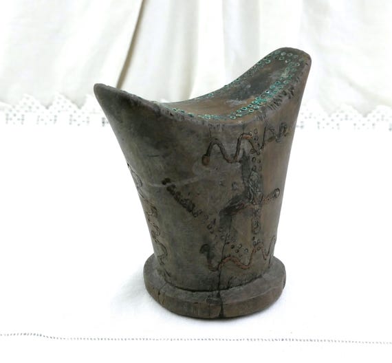 African Ethiopian Wooden Headrest, Gurage Wood Head Rest, Carved Tribal Art with Copper Wire Decoration, Vintage African Decor