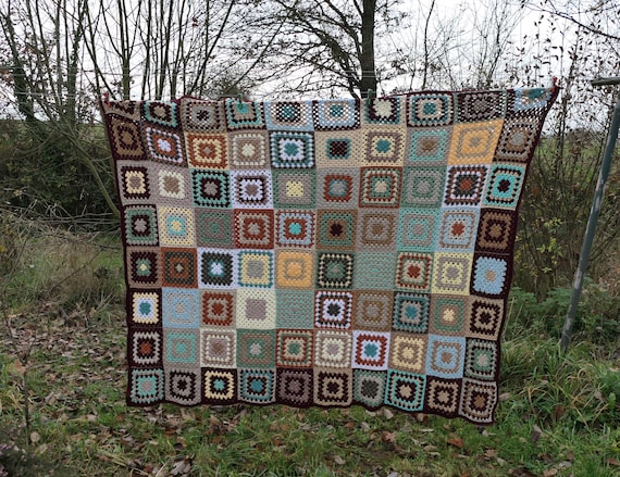 Vintage French Crocheted Squares Colorful Woolen Blanket, Crochet Afghan Throw Rainbow Colored Wool, Boho Multicolored Granny Square