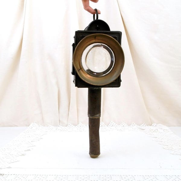 Large Antique French Horse Carriage Coach Square Metal and Glass Lantern Domed Lens, Candle Lamp from France, Upcycle Light, Wall Sconce