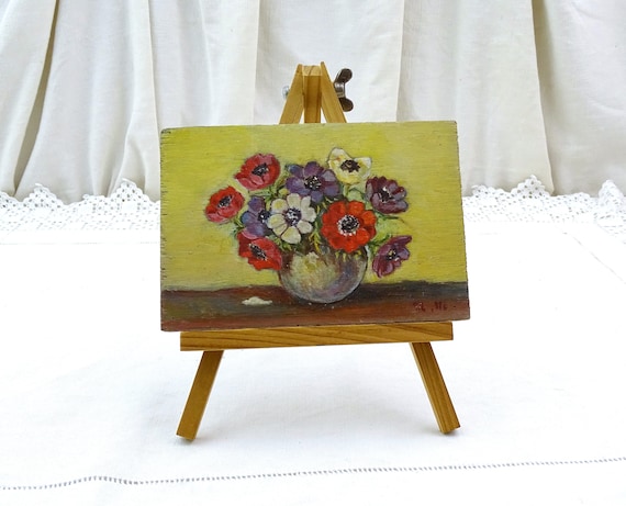 Small Hand Painted Vintage French Still Life of Purple Red and White Flowers on Wooden Board, Retro Oil Painting Floral Composition France
