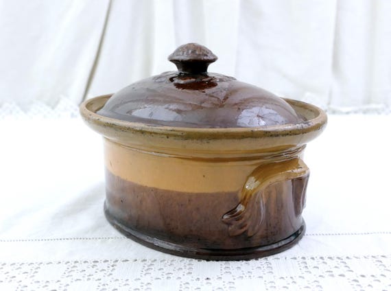 Large Antique Traditional French Stoneware Pottery Tureen Terrine  Paté Dish, Vintage Country Cottage Farmhouse Cooking Kitchen Decor France