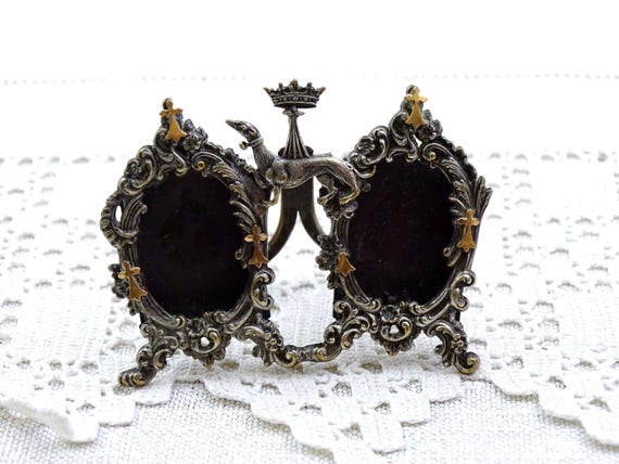 Tiny Miniature Antique Breton Silver Plated Double Portrait Picture Frame with Anne De Bretagne Hermine Royal Symbol from Brittany France