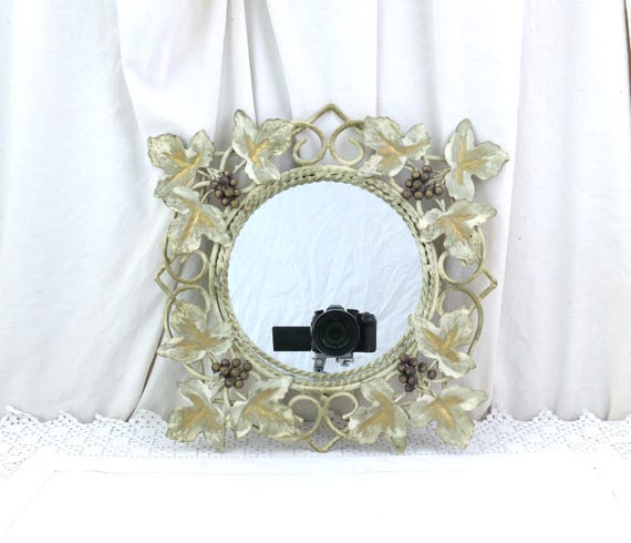 Vintage Italian Toleware Wall Mirror with Ivy Leaf & Grape Metal Frame in Beige, Hollywood Regency Decor Shabby Chic Cottage Looking Glass