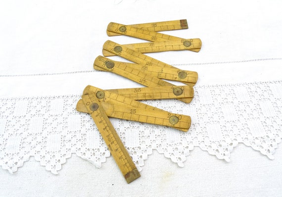 Antique French 1 Meter Folding Pocket Wooden Tape Measure with Worn Patina, Vintage Measuring Rod made of Wood from France, Treen Old Tool