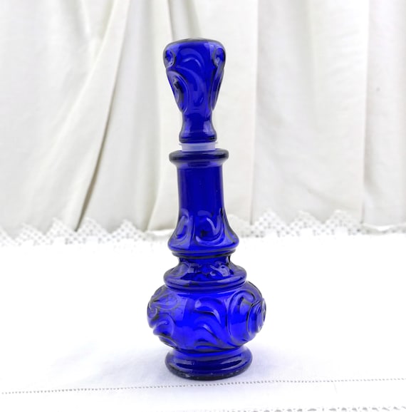 Small Vintage Mid Century Blue Empoli Glass Carafe Stopper, Retro 1960s Large Perfume Genie Bottle Italy, Italian Collectible Glassware