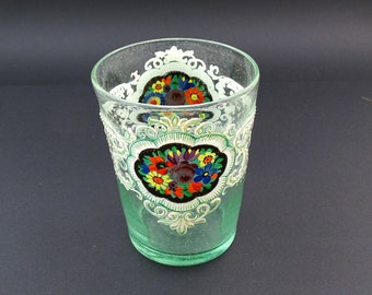 大きなアンティーク フランス製 ハンドペイント 吹きガラス製 花瓶