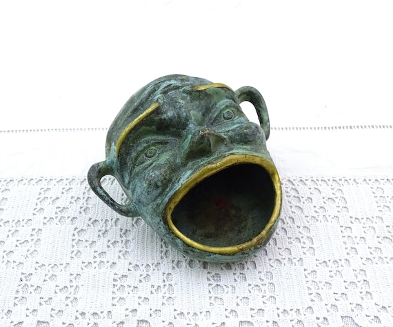 Vintage Greek Cast Bronze Devil Incense Burner Holder, Retro Devilish Smoking Accessory of Vert de Gris Colored Metal, Face Shaped Ashtray