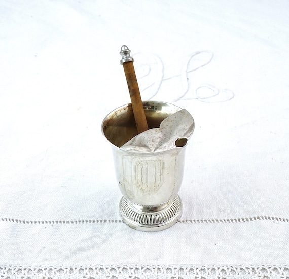 Vintage French Hallmarked Silver Plated Condiment Container with Small Wooden Spoon, Retro Mustard Pot from France, Curio Metal Tableware