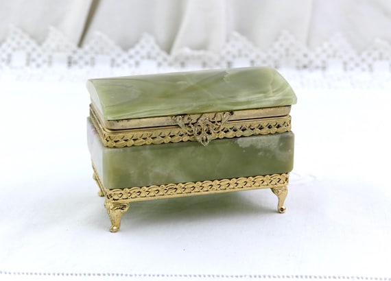 Small Vintage 1970s Italian Rectangular Green and Brown Veined Agate Trinket Box with 4 Feet, Retro Jewelry Marble Stone Container Italy