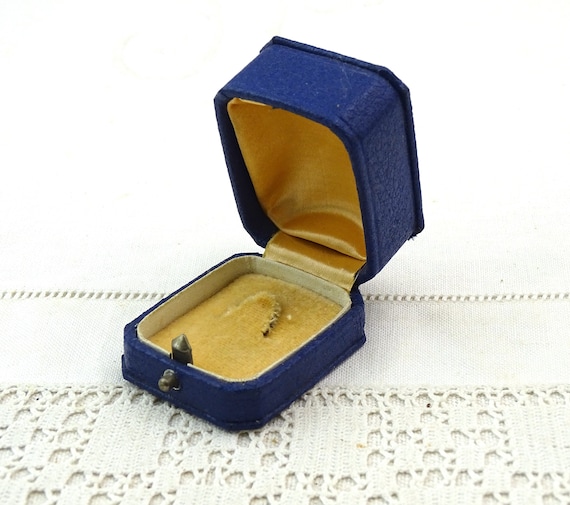 Vintage French Blue Jewelry Presentation Box for Pendant or Broach with Velvet and Satin Lining, Retro Jewelry Square Case from France