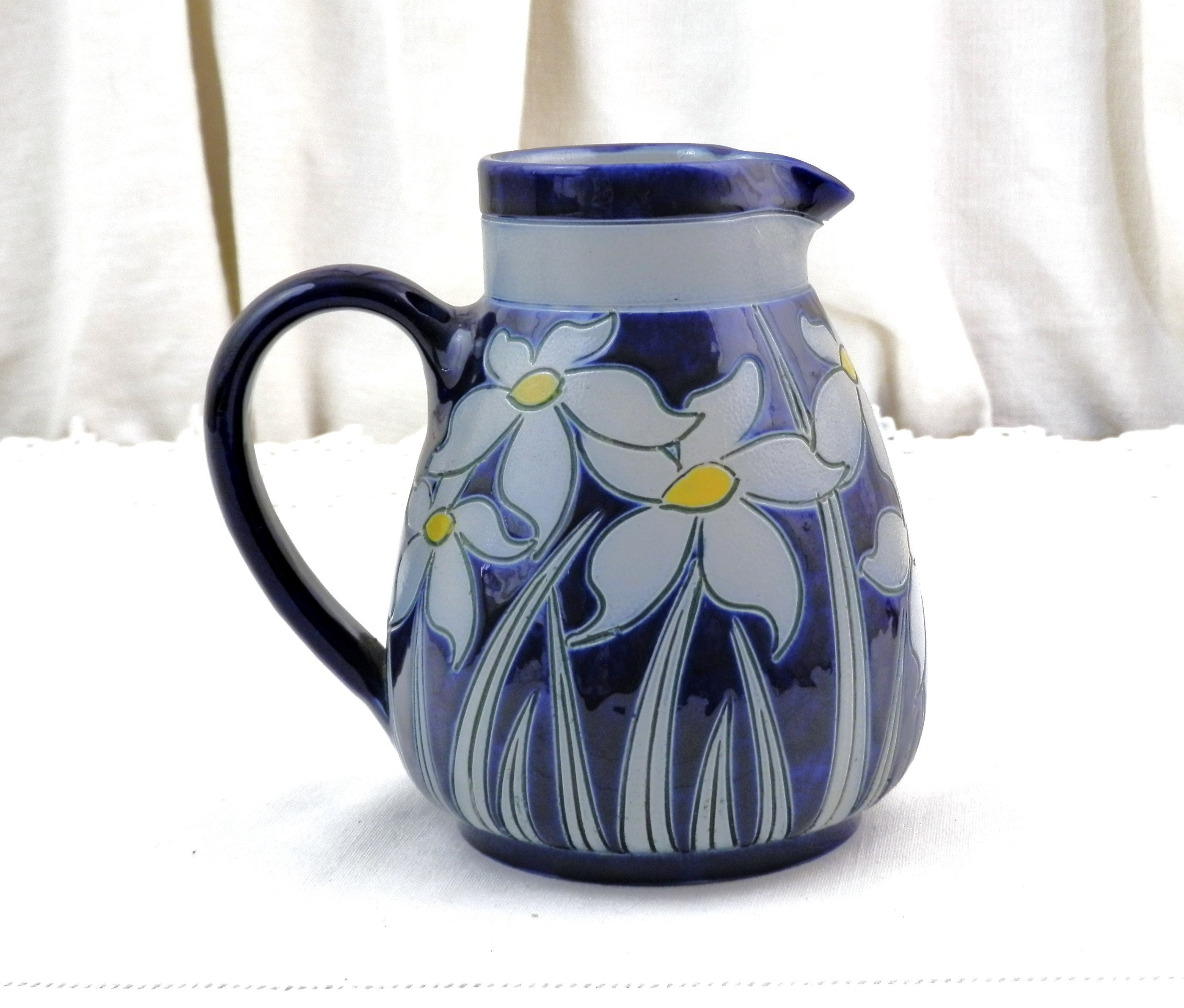 French Vintage Blue Ceramic Pitcher with Incised Decoration of Flowers