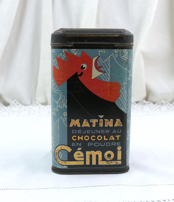 Vintage Cémoi Matina Rice Canister, French Art Deco Rooster Tin, Kitchen Storage Container, Lithographed Metal, Circa 1930 Pantry Decor