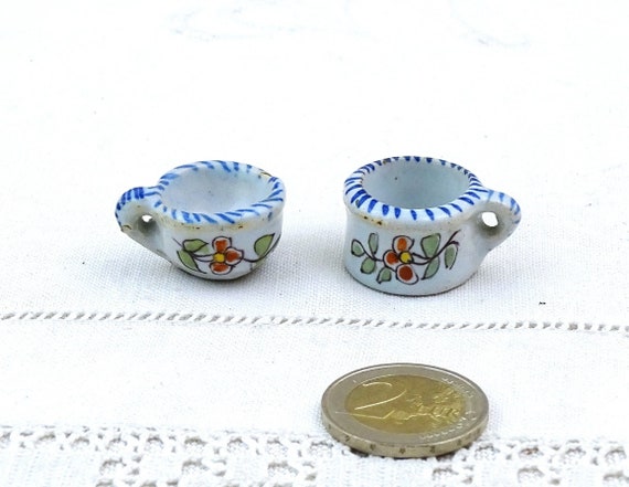 Set of 2 Small Antique French Dolls House Pottery Cups with Hand Painted Flower Pattern, Vintage Toy Miniature Ceramic Mugs from France