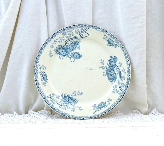 Antique French Stoneware Plate by Sarreguemines with Art Nouveau Flower Pattern in Teal Blue, Vintage Ironstone Style Crockery from France