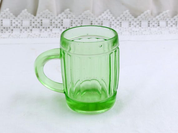 Vintage French Pressed Green Vaseline Glass Drinking Cup with Handle, Retro Carnival Glassware Mug from France, Curio Kitchenware Tankard