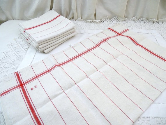 Vintage French Traditional Set of 6 Cotton Tea Towels with Red Banding and Monogram, Retro Country Cottage Farmhouse Kitchen Cloth  France