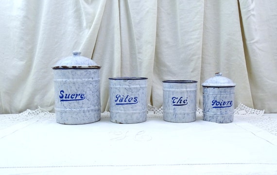 Vintage Marbled Splatterware Enameled 4 Piece Canister Set in White Blue, Retro Graniteware Enamel  from France, Cottage Kitchen Decor