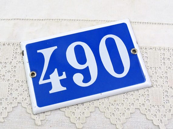 Vintage French Porcelain Enameled Metal House Sign in Blue and White Number 490, Enamelware Street Home France, Traditional Address Sign