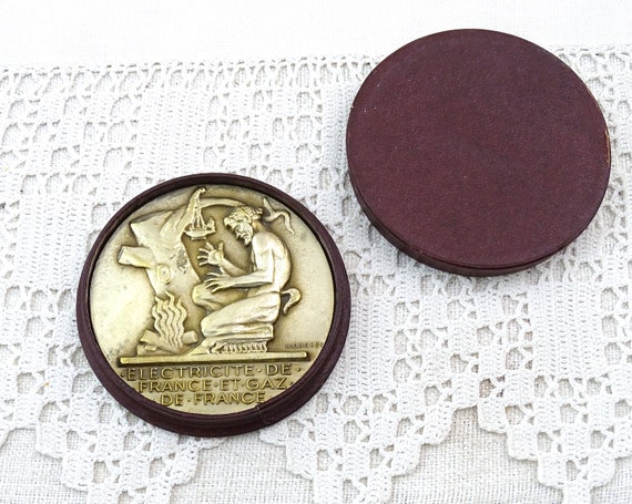 Vintage French Boxed Large Round Bronze Retirement Coin from Electricite et Gaz de France by H Dropsy, Electricity and Gas Board Metal Medal