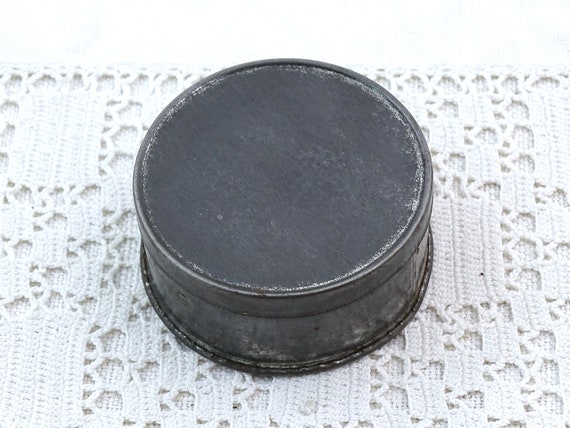 Small Vintage French Round Metal Box, Retro Gray Container, Little Old Style Industrial Tin from France, Brocante Farmhouse Storage Item