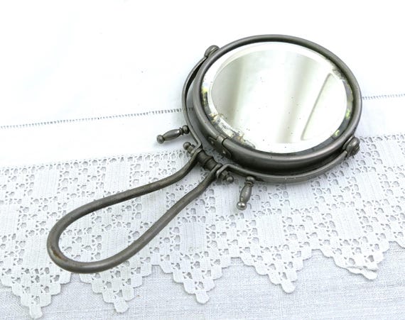 Vintage French 1900s Beveled Magnifying Vanity Mirror with Free Standing Easel Chrome Frame Folding Handle, Hand Held Wall Hanging Bathroom