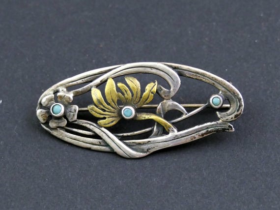 Antique French Art Nouveau Sterling Silver 925 Brooch with Flower Pattern and Blue Glass Stones, Retro Victorian Woman Botanical  Jewelry