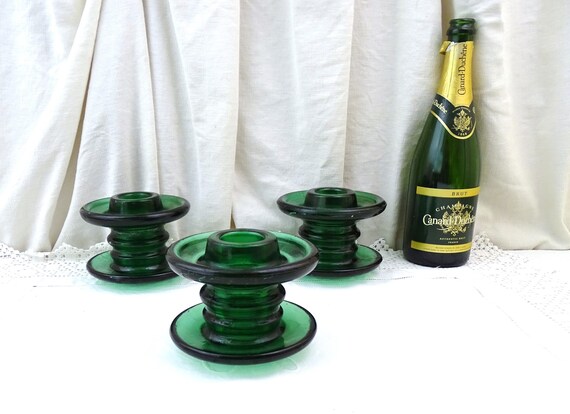 Large Vintage French Green Glass Electric Pylon Insulator Candle Holder, Big Retro Industrial Candle Stick from France, Old Style Lighting