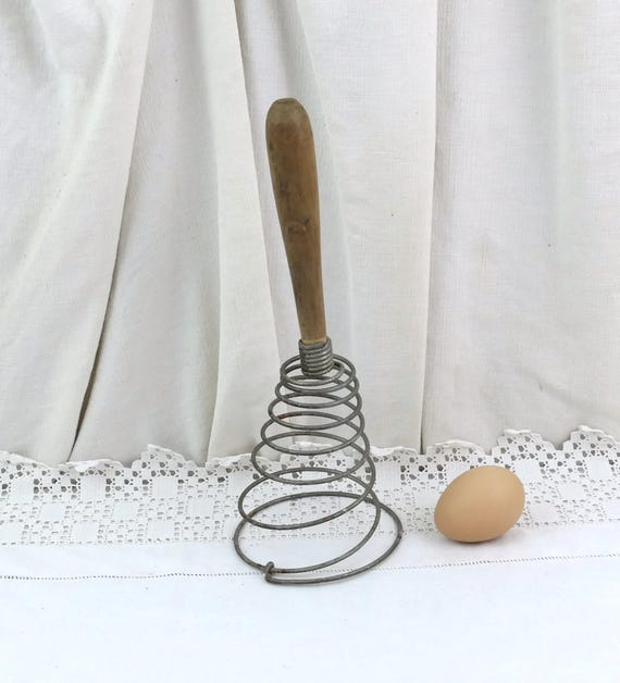 Antique French Spiral Egg Whisk with Wooden Handle, Vintage Victorian Kitchenware Accessory from France, Country Farmhouse Kitchen Decor