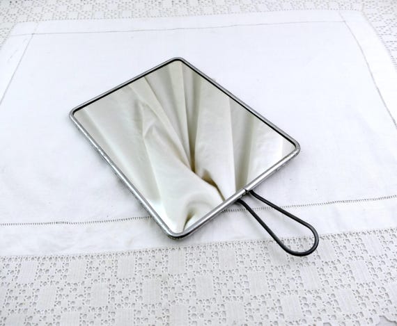 Large Vintage French 1950s Vanity / Barber Mirror Free Standing Easel Chrome Frame Folding Handle, Handheld Wall Hanging Bathroom Shaving
