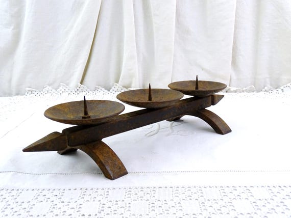 Large Vintage French Hand Forged Iron Brutalist 3 Candle Stick Holder, Retro 1960s Medieval Style Center Piece Candlestick Dark Metal France