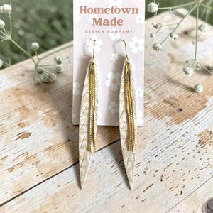 3 Pair Precut Earrings Neutral Spot on Leopard Genuine Leather Cork, DIY Leather Earring Supply, Beige and White, Elongated Feather