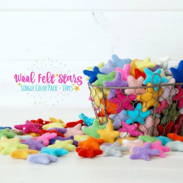 Felt Stars - 10 Wool Felt Stars - (3-4CM/30-40MM) - 10 Felted Stars - Felted Stars - Choose a Color - Wet Felted Stars - Single Color Bundle