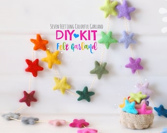 DIY Garland Kit - Felt Star Garland - DIY Kit - Colorful Garland - 30 Stars - tars Garland - Party Decor Garland - 7' Felt Ball Garland