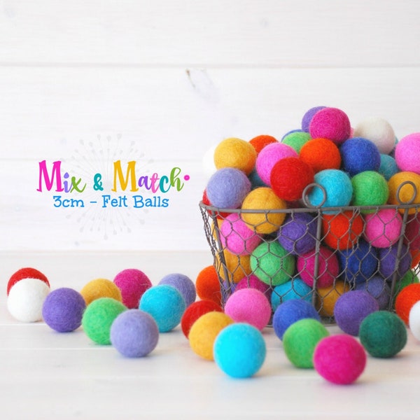 3CM Wool Felt Balls - Mix and Match Pack - 100% Wool Felt Balls - (3cm/30mm) - Colorful Felt Balls - Rainbow Felt Balls - Medium Felt Balls